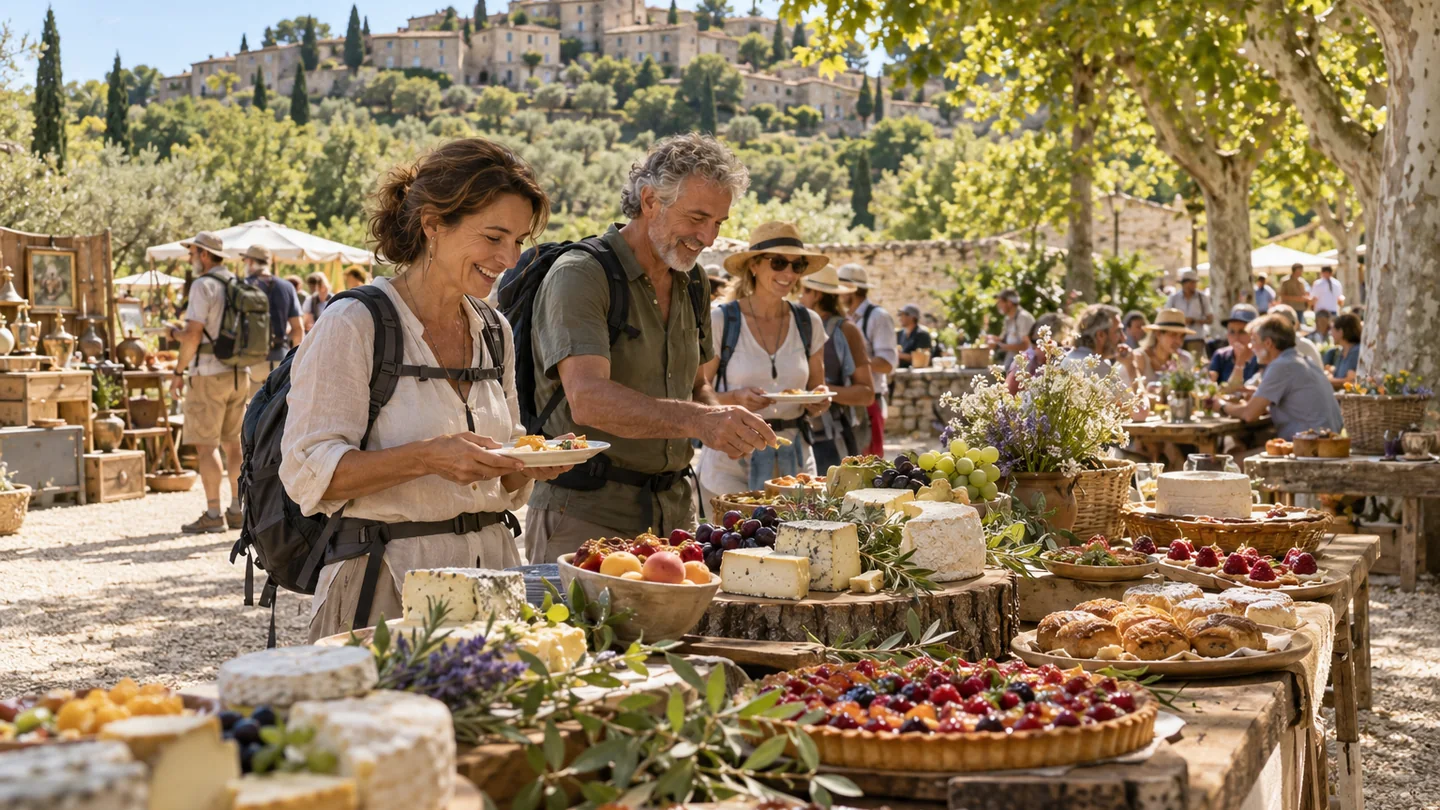 An artistic festival atmosphere among the stone streets of Ménerbes.