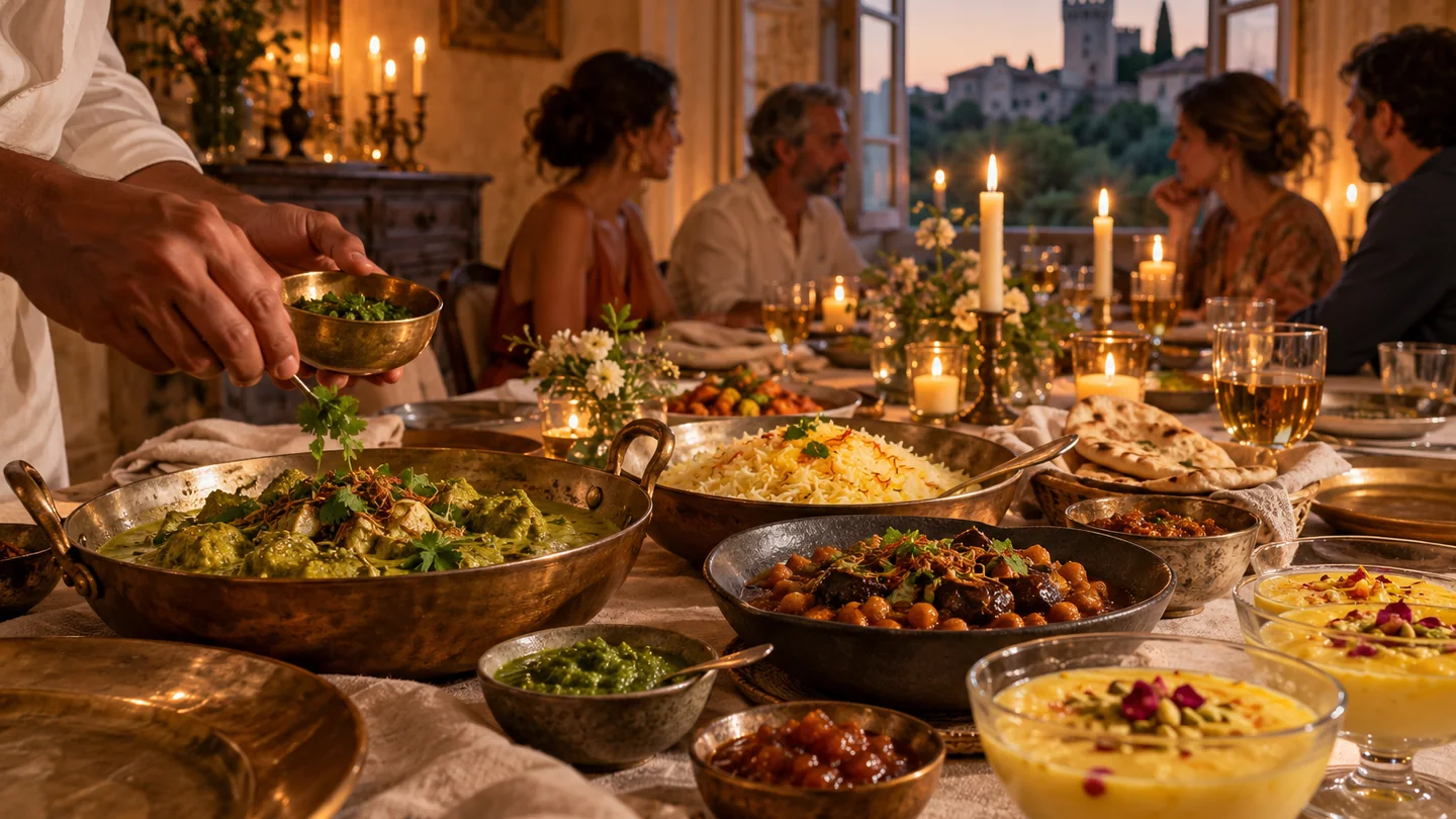 A refined Indian dinner table with colorful dishes in a warm Provençal setting.