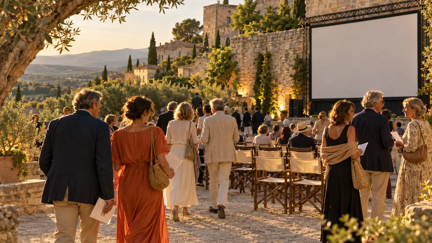 An elegant open-air cinema evening in Provence beneath warm summer light.